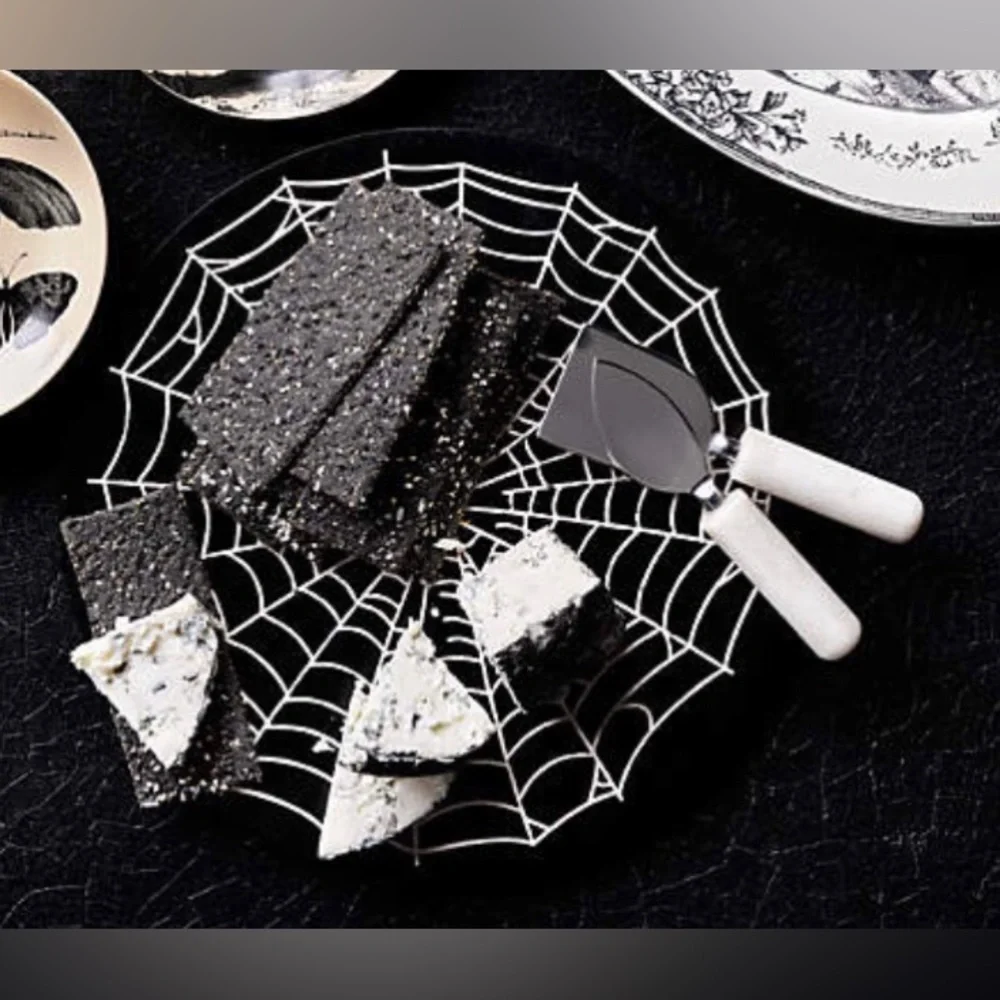 NEW Crate & Barrel Halloween Ebonized Round Web Serving Board 12.25” diameter